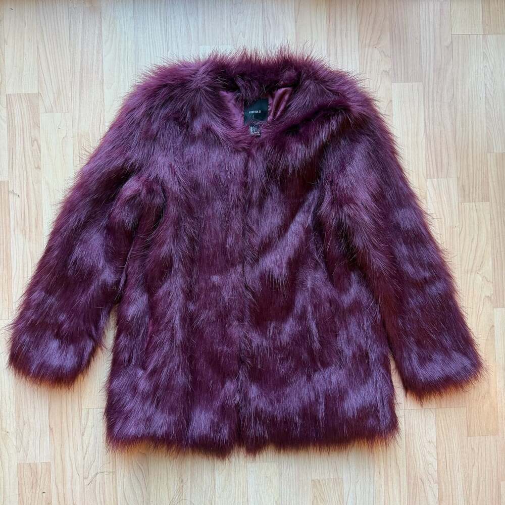 Faux Fur Fuzzy Coat Size S Burgundy Maroon Red Fall Winter Jacket